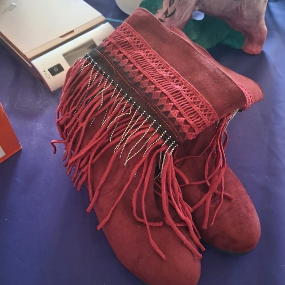 Justin Boots Red Fringed Ankle Booties